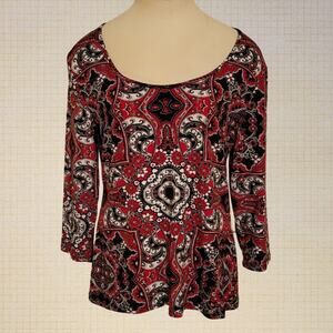 Geometric Print Stretch Knit 3/4 Sleeve Blouse Peck & Peck Size Large